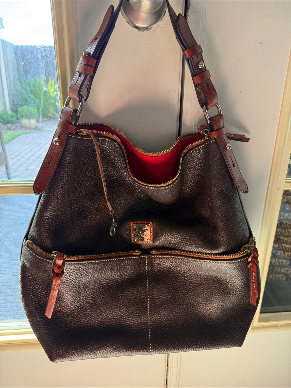 Dooney & Bourke Dark Brown Pebble Leather Hobo with Red Interior